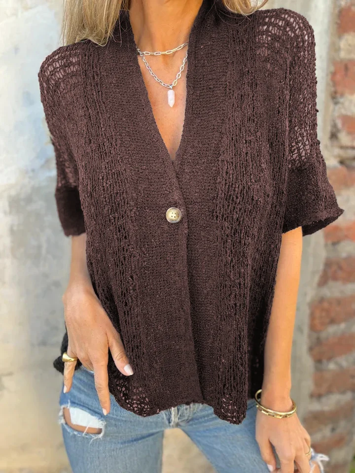 V-neck Single-button Half-sleeved Cardigan Hollow Out Knitted Tops for Women Clithing