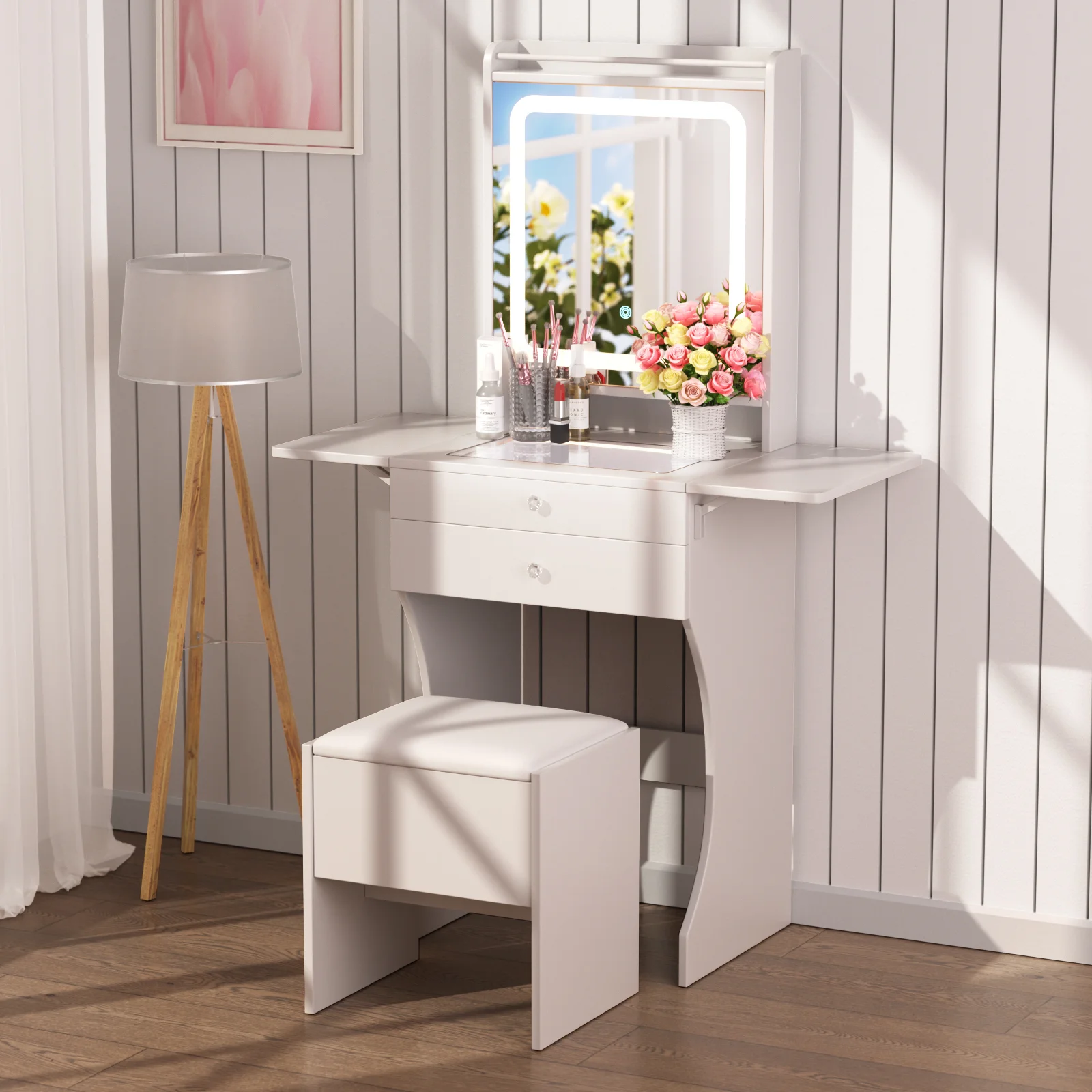 Vanity Set for Small Bedrooms - Small Space Makeup Vanity with Stool, Compartmentalized Drawers & 20cm Foldable Side Tables Left and Right