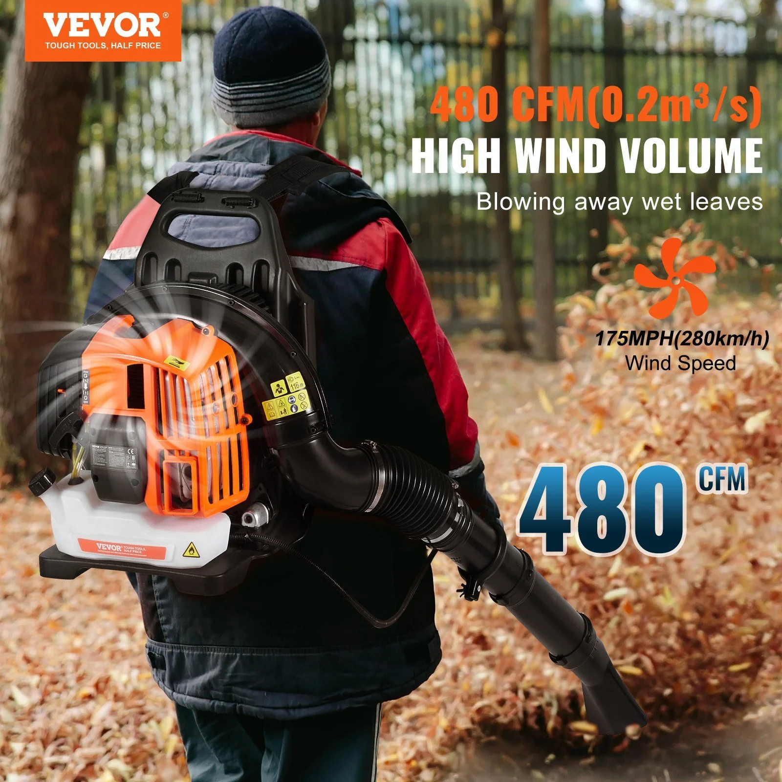Vevor Backpack Leaf Blower, 52cc 2-cycle Leaf Blower with 1.37l Fuel Tank, 480cfm Air Volume 175mph Speed, Ide