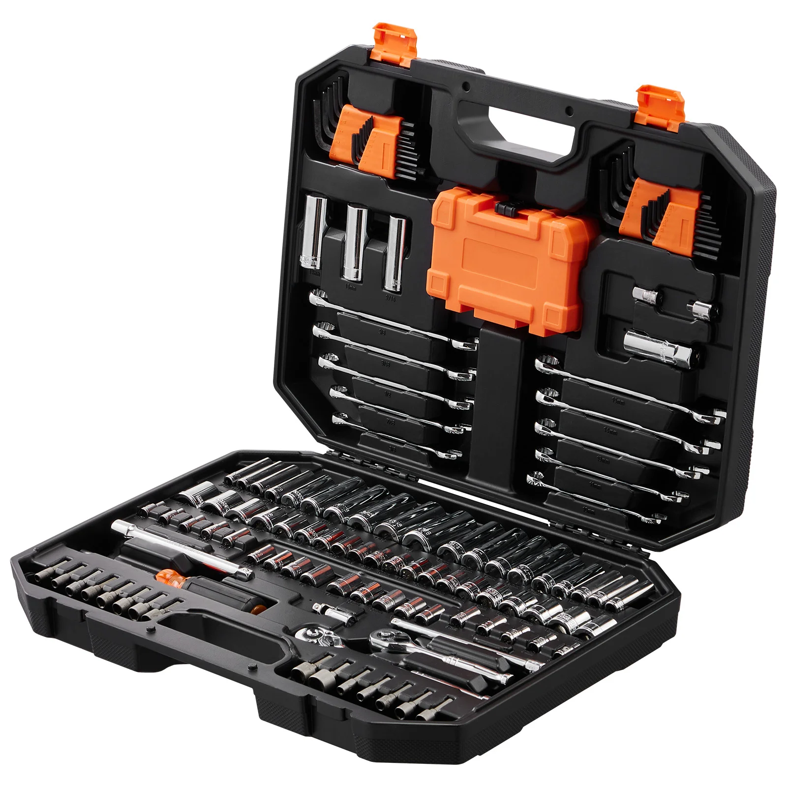 145‑piece mechanic tool set with deep & standard sockets, bits, wrenches, and storage case