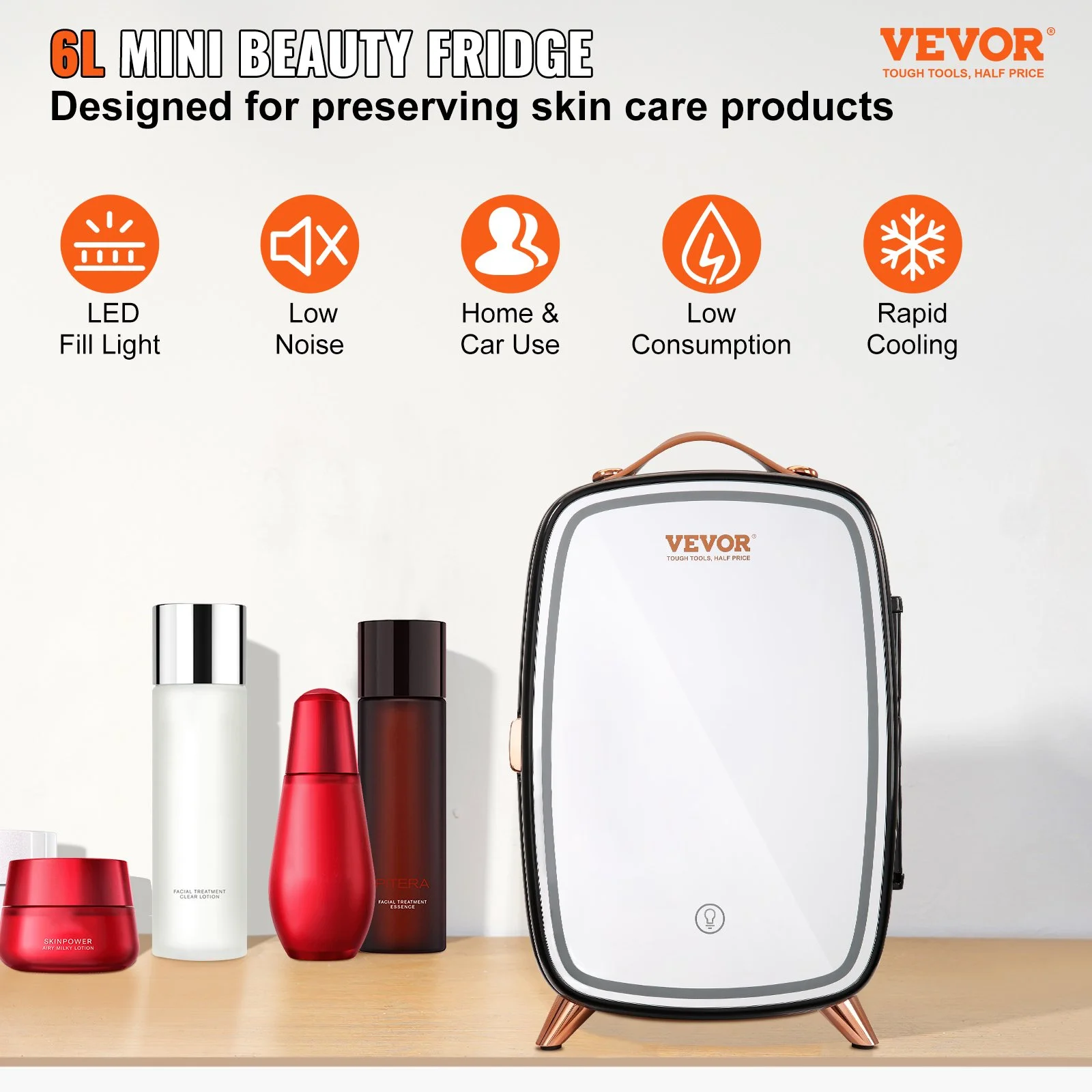 Vevor Mini Fridge, 6l Skincare Fridge with Led Light and Hd Mirror, Ac Dc Makeup Fridges for Skin Care, Cosmet