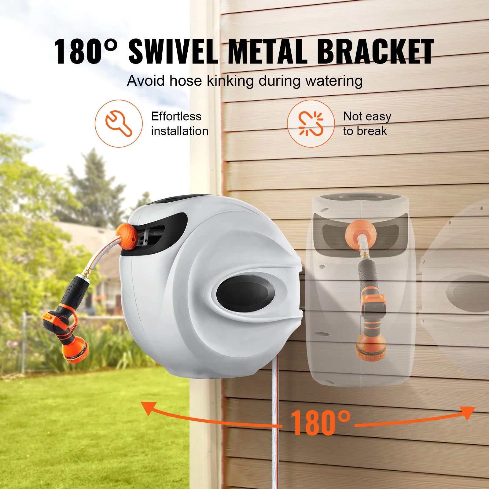 Vevor Retractable Hose Reel Water Hose Reel Swivel Wall-mounted,garden Water Hose Reel with 9-pattern Nozzle,a