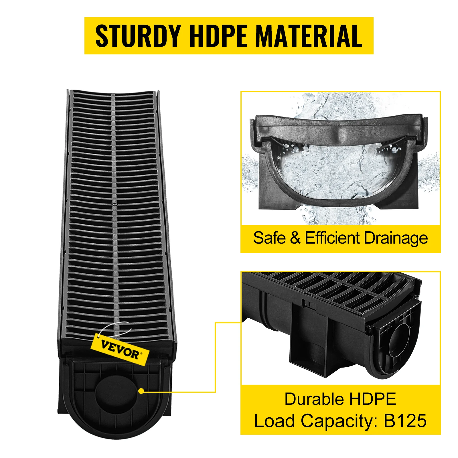 VEVOR 5.9x5.1" HDPE trench drain with black plastic grate and end caps for garage or garden