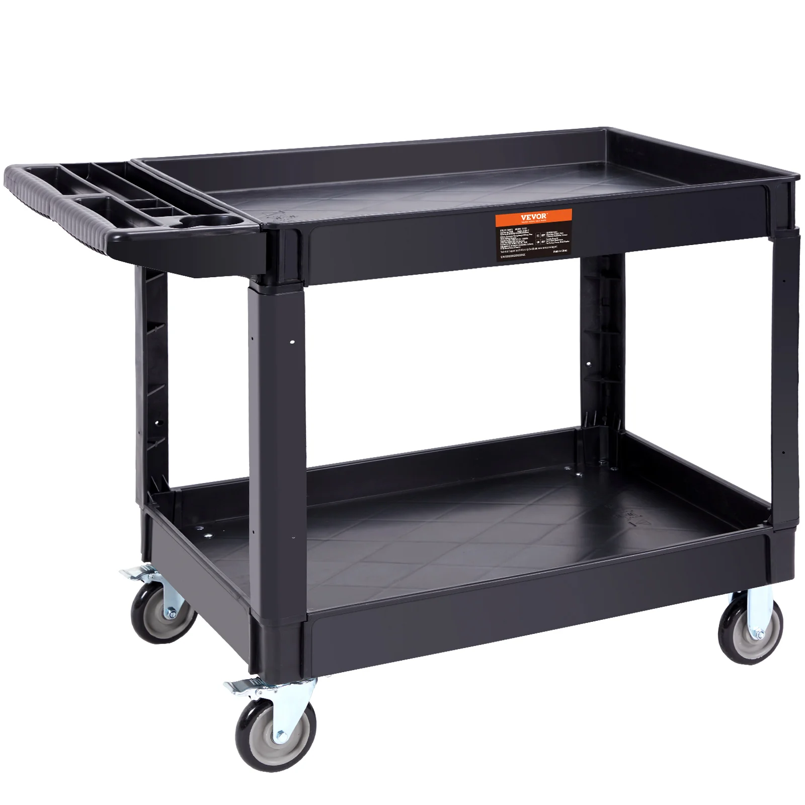 Heavy Duty 2 Shelf Plastic Utility Cart with Swivel Wheels and Brakes