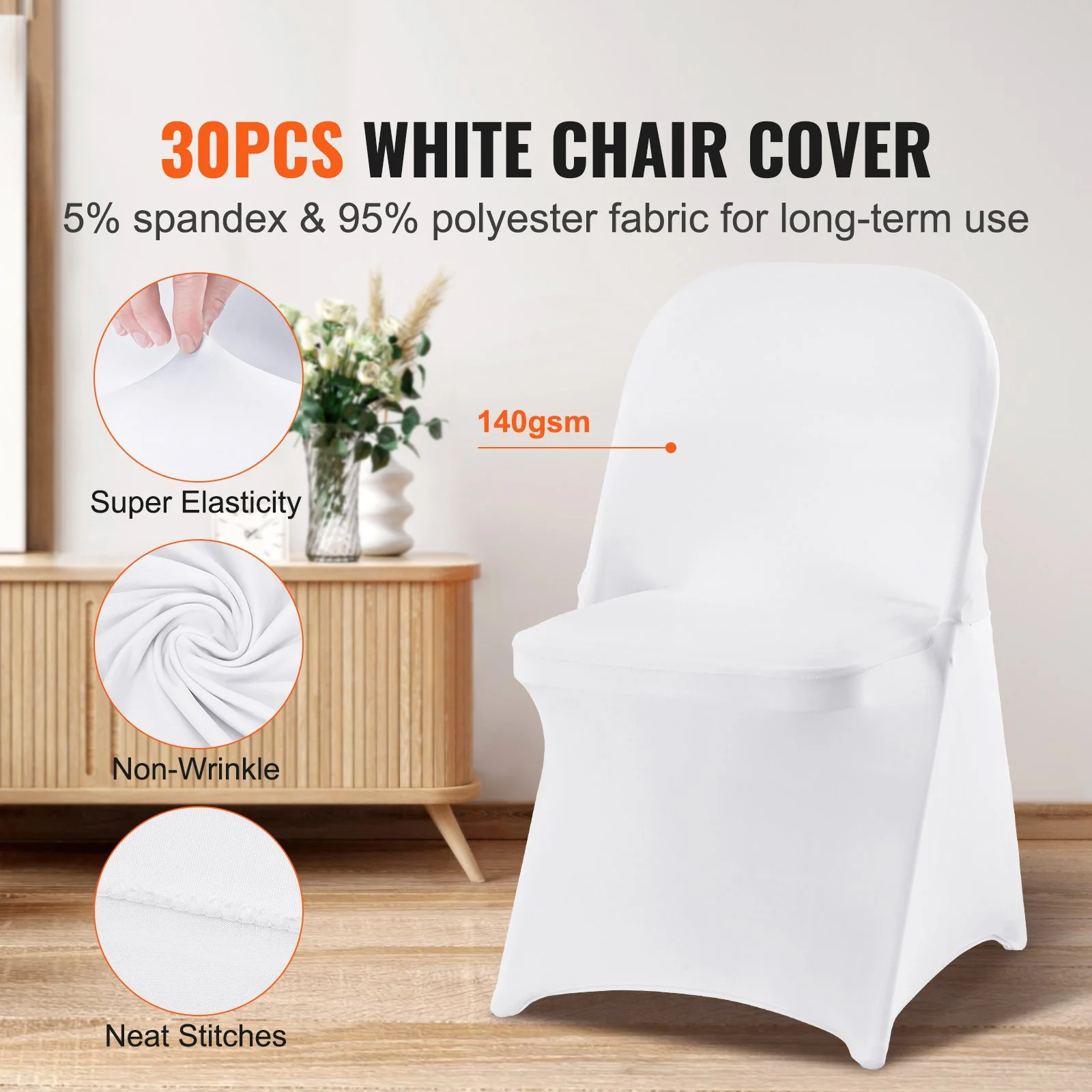Vevor White Stretch Spandex Chair Covers - 30 Pcs, Folding Kitchen Chairs Cover, Universal Washable Slipcovers