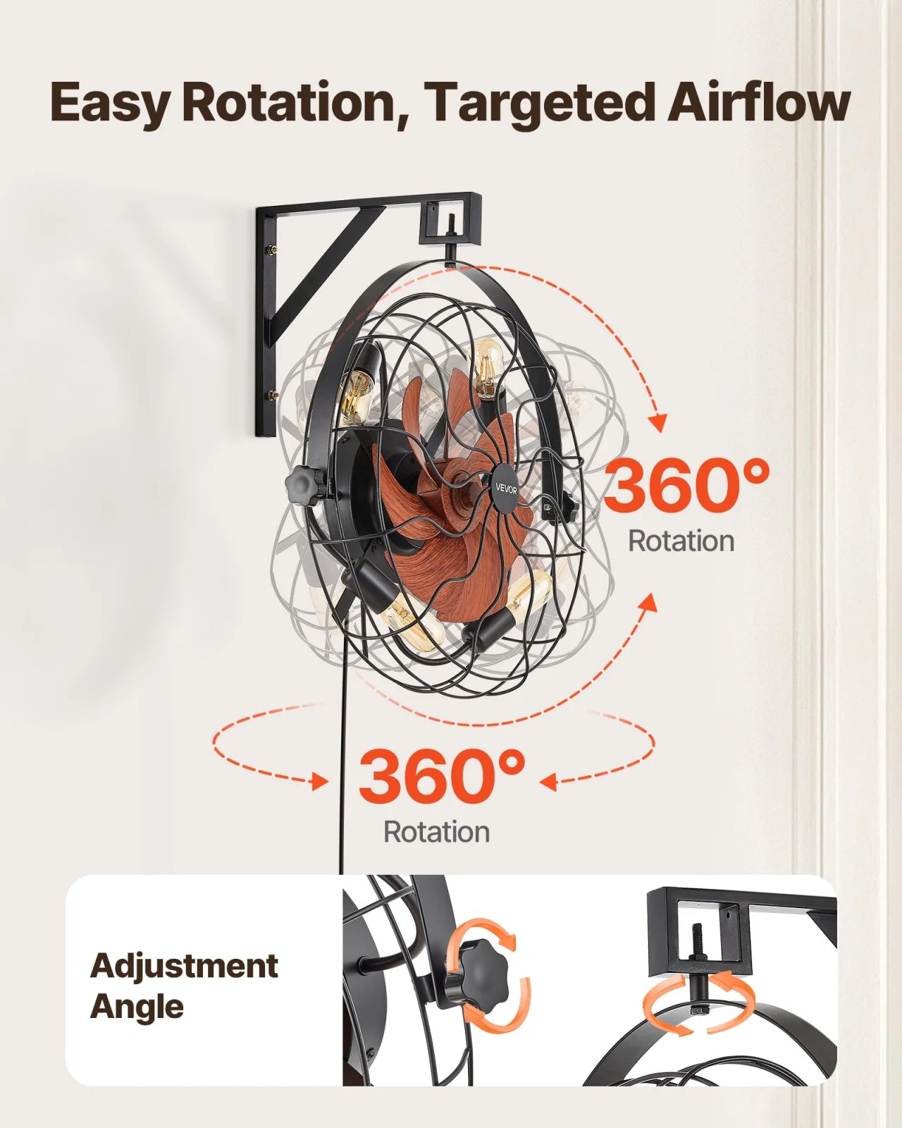 21" wall‑mounted fan with lights, 6‑speed, 360° tilt, remote control, E26 bulb socket