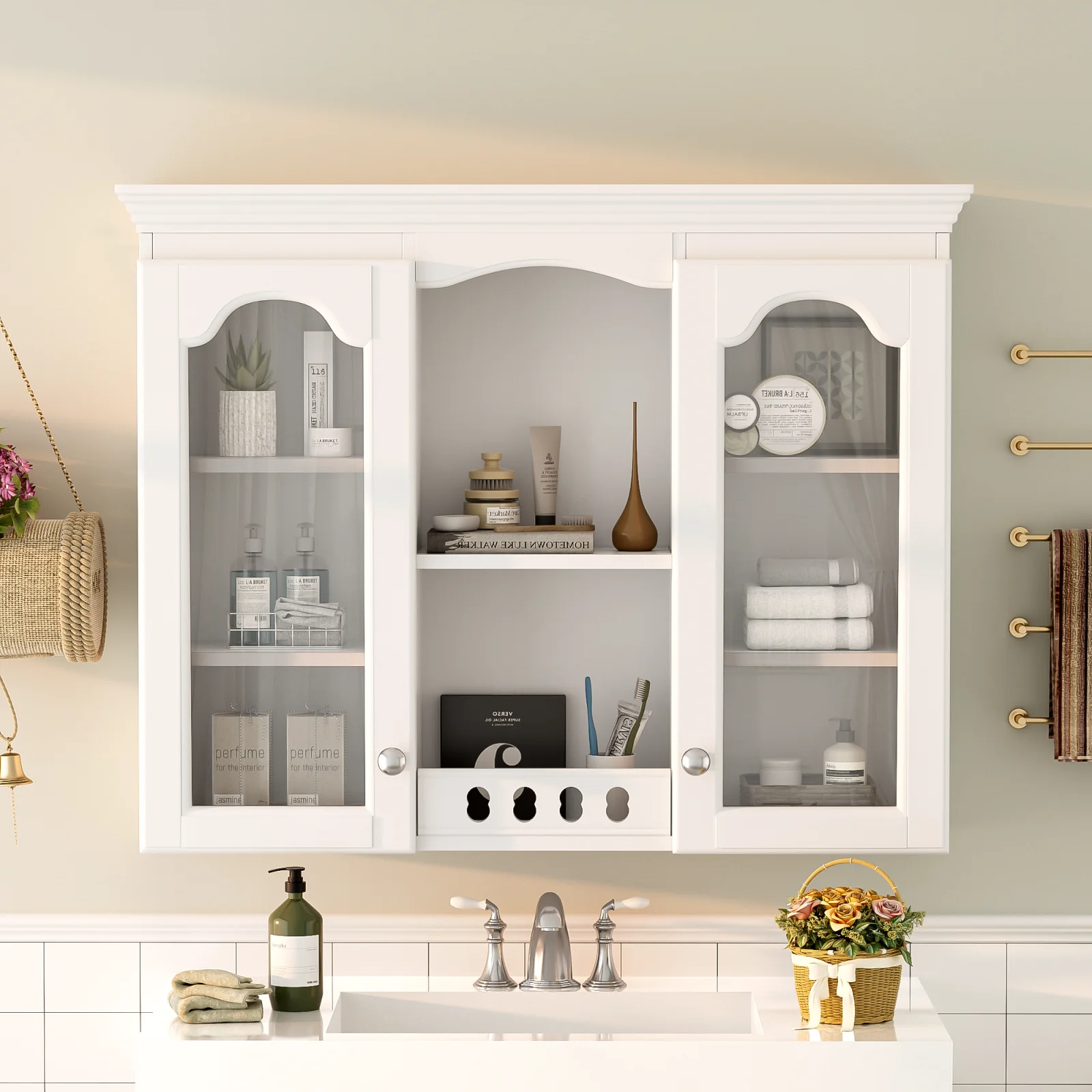 Wall Mounted Medicine Cabinet, Bathroom Wall Cabinet with 2 Glass Doors, Over the Toilet Space Saver Storage Cabinet with Ample Storage, White