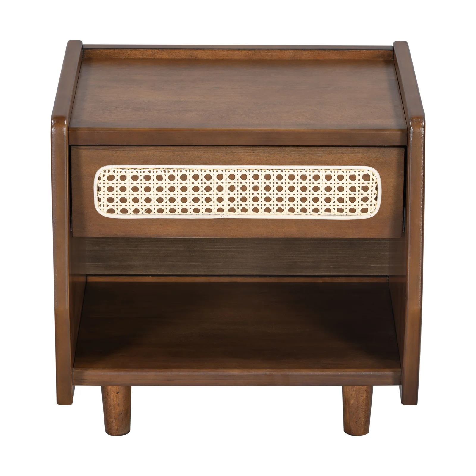 Walnut Nightstand with Rattan Detail, Mdf Solid Wood, Modern Bedroom Storage, Open Shelf & Drawer, Indoor Furniture