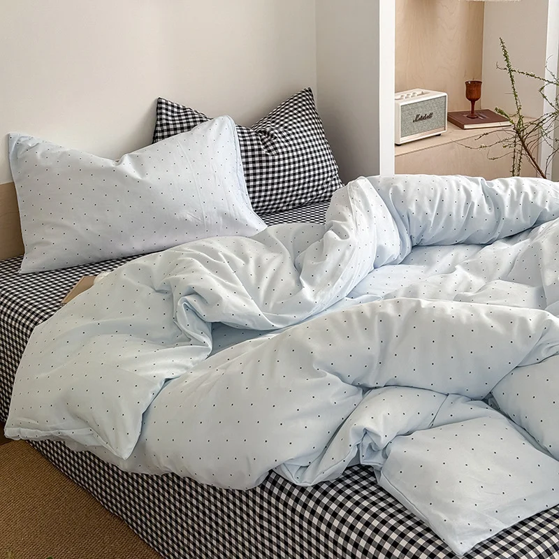 Washed Cotton Contrast Color Bed Floating Iceland Simple Style Four-piece Set