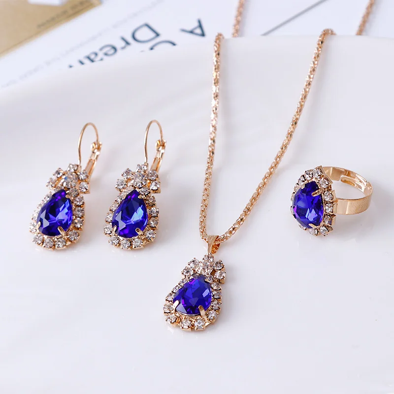 Water Drop Rhinestone Jewelry Set – Necklace, Earrings, Ring with Alloy Chain