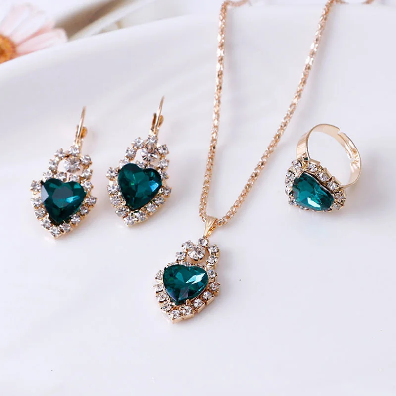 Water Drop Rhinestone Jewelry Set – Necklace, Earrings, Ring with Alloy Chain