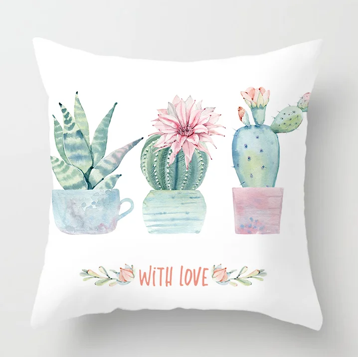 Watercolor Cactus Flowers Green Succulents Cushion Cover
