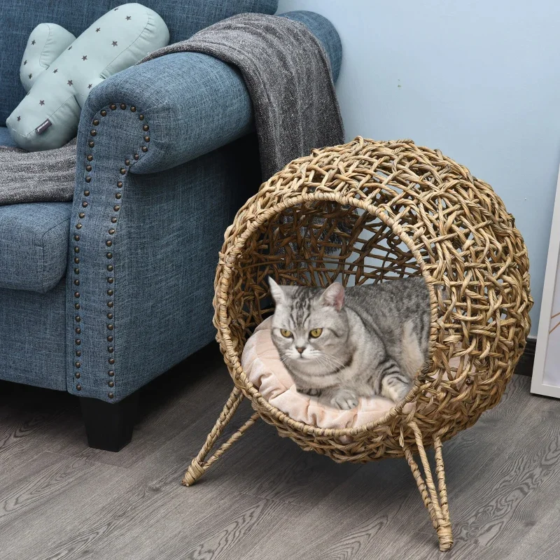 Weaved Cat Bed, Elevated Hand-woven Braided Banana Leaf Kitten House Condo with Cushion, Beige