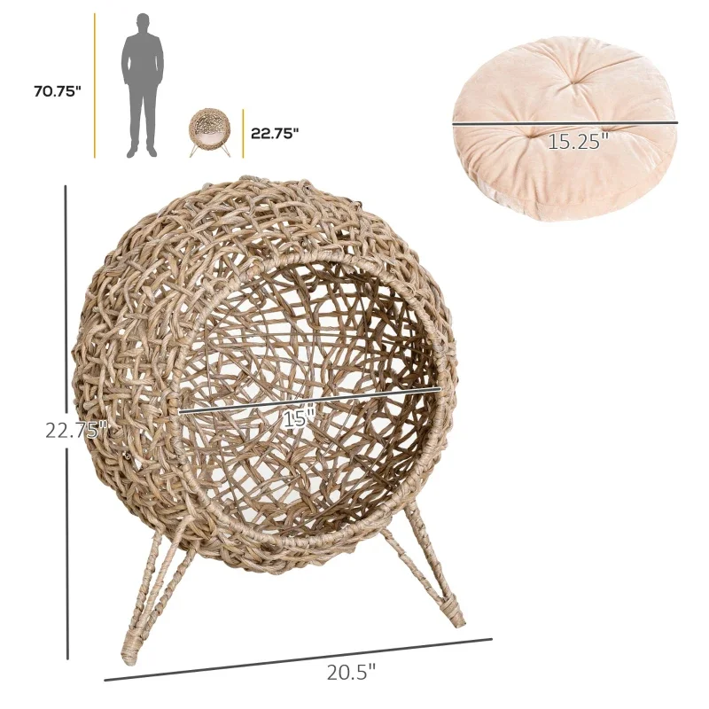 Weaved Cat Bed, Elevated Hand-woven Braided Banana Leaf Kitten House Condo with Cushion, Beige