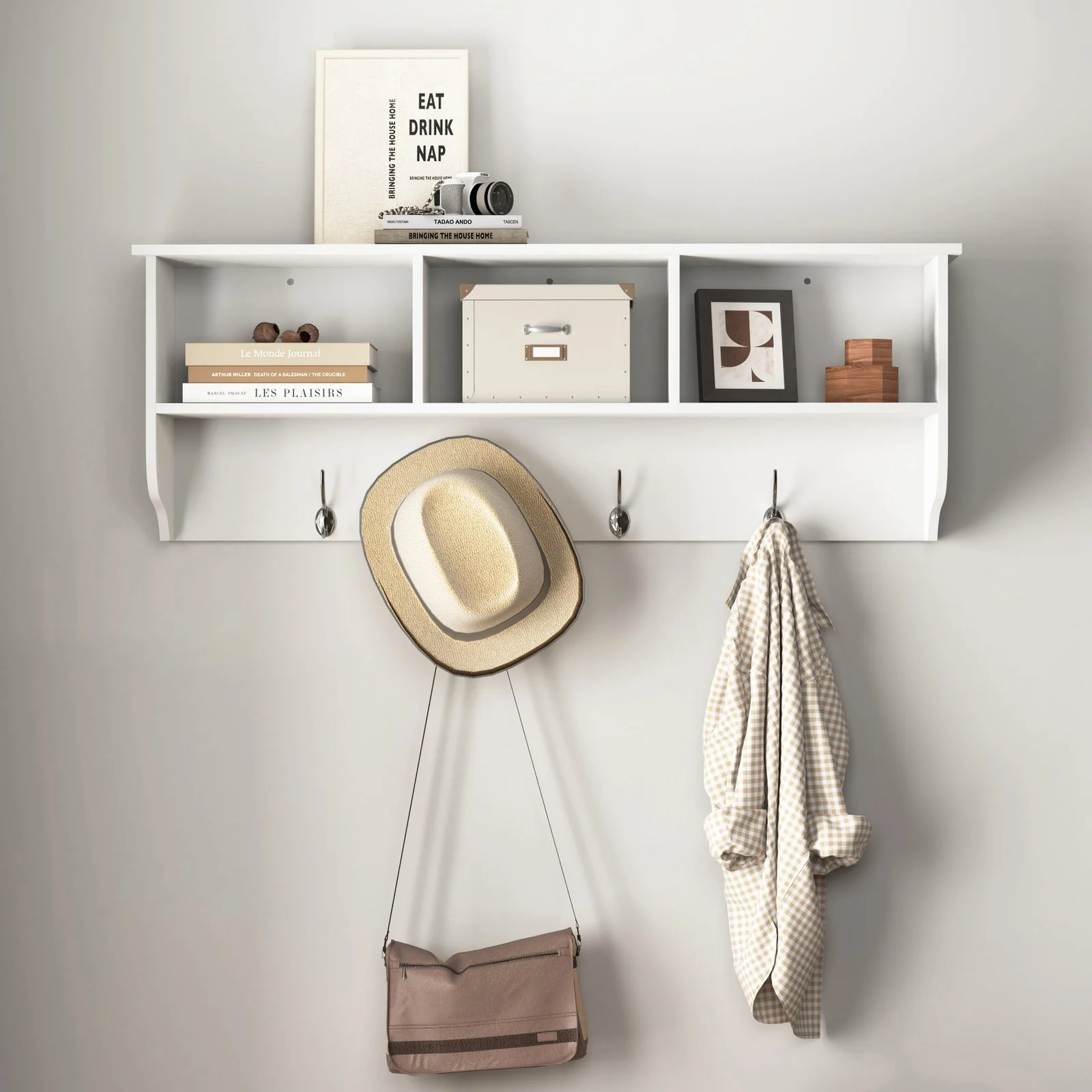 White Entryway Wall Mounted Coat Rack with 4 Dual Hooks Living Room Wooden Storage Shelf