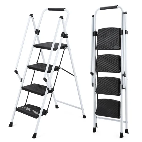 White folding four‑step ladder with anti‑skid pads and safety handle – steel, ABS, rubber