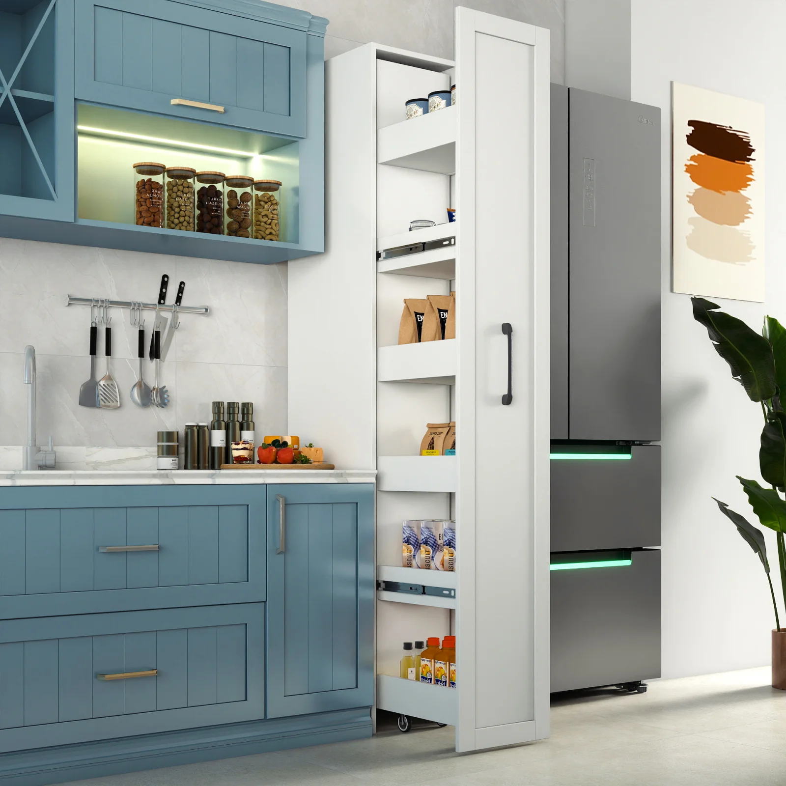 White,large, Slim Storage Cart, Kitchen Rolling Cart, Narrow Storage Cabinet with Handle & Wheels, Wood Spice Rack Next to Fridge, Pantry Shelf for Kitchen, Small Spaces