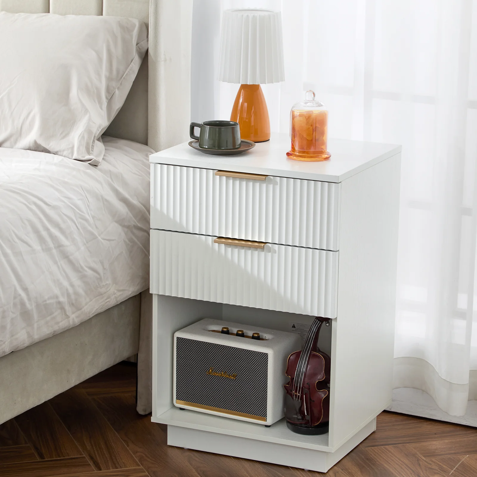White P2 Density Board with Wave Pattern, 2 Drawers Bedside Cabinet 1pc