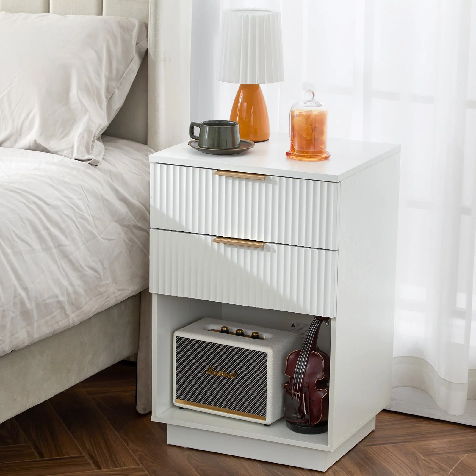 White P2 Density Board with Wave Pattern, 2 Drawers Bedside Cabinet 1pc
