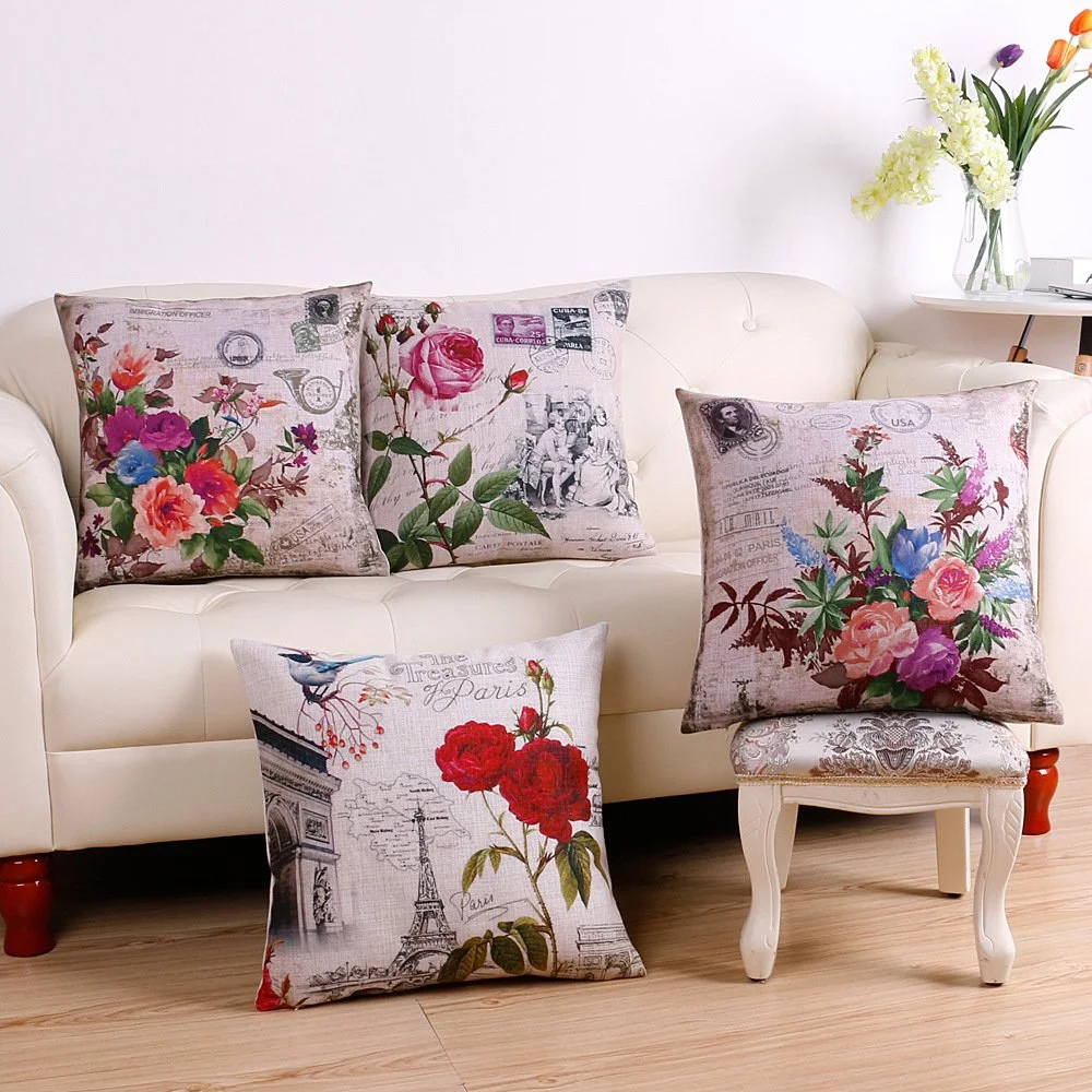 Wedding Gift Retro Fashion Paris Eiffel Tower Flowers Post Decorated Living Decorative Cushion Cover Sofa Pillow Case