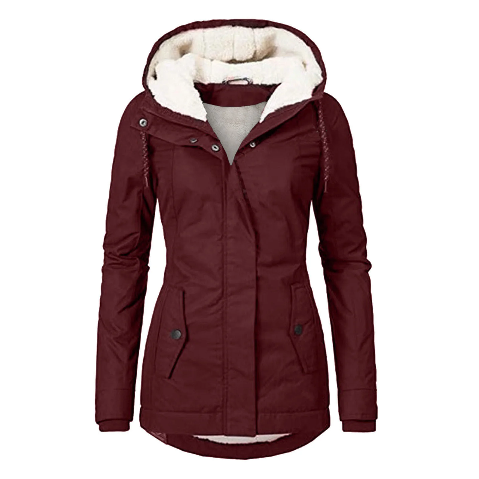 Winter Hooded Jacket Solid Color Warm Buckle Zip-up Fleece Jacket with Pockets Women's Casual Jacket