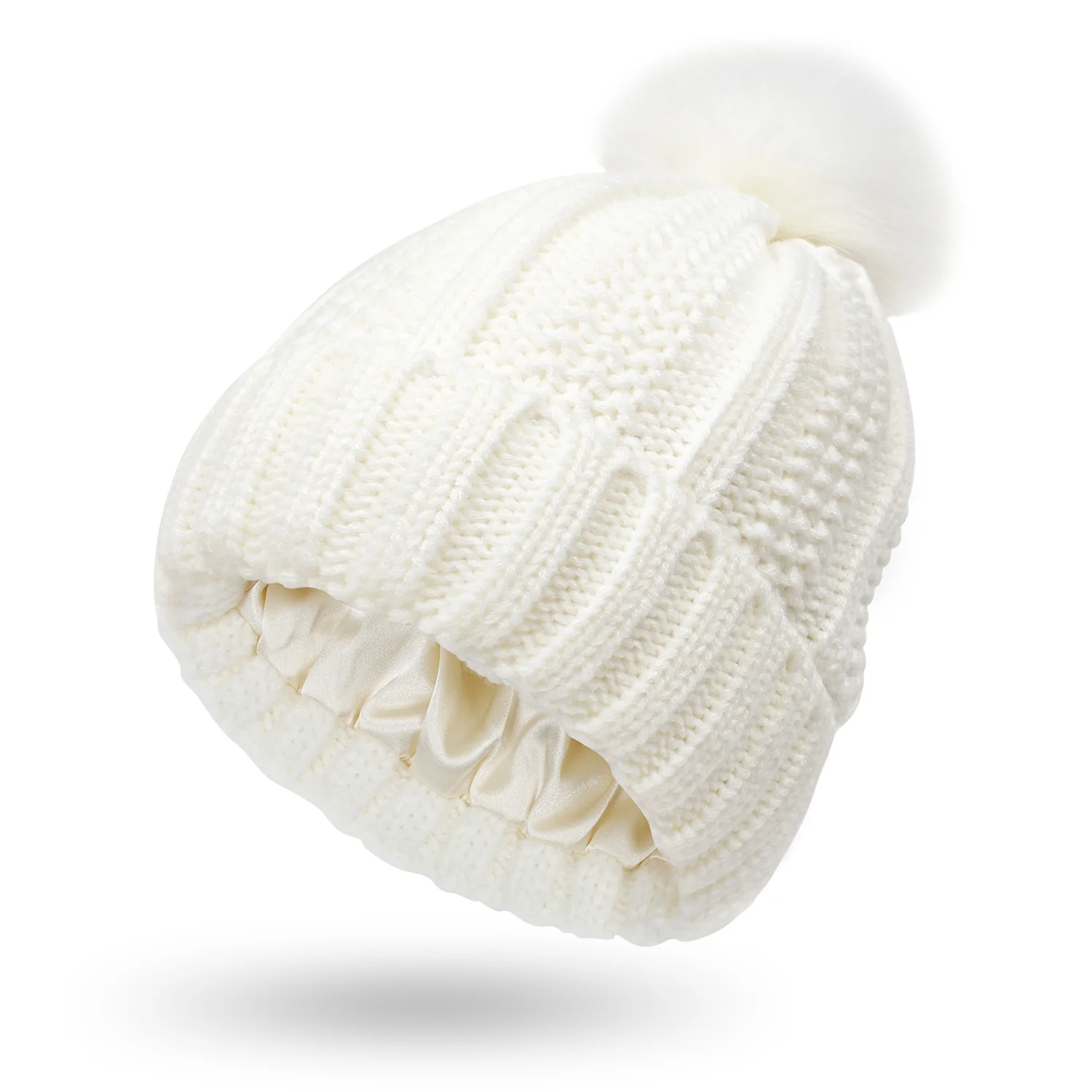Winter Knitted Hats Fashion Stretchy Lined Skull Hats for Women Faux Fur Pom Pom Hat Keep Warming Beanie Hat