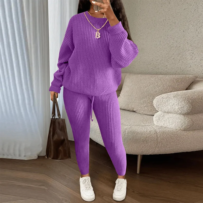 Winter Ribbed Knit Suits Fashion Loose Pullover Sweater Top and Drawstring Pants for Women Trouser Set Clothing