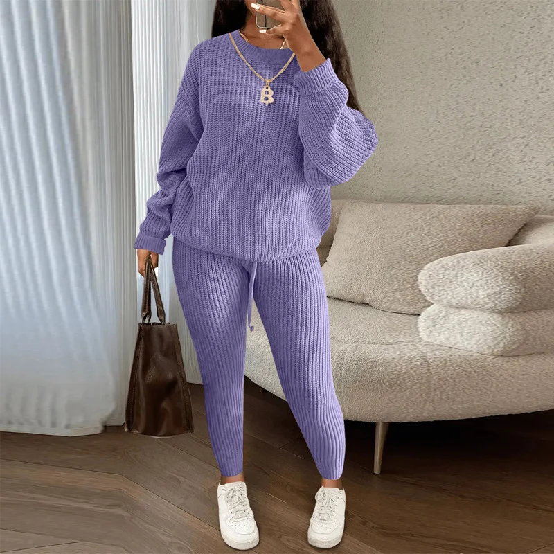 Winter Ribbed Knit Suits Fashion Loose Pullover Sweater Top and Drawstring Pants for Women Trouser Set Clothing