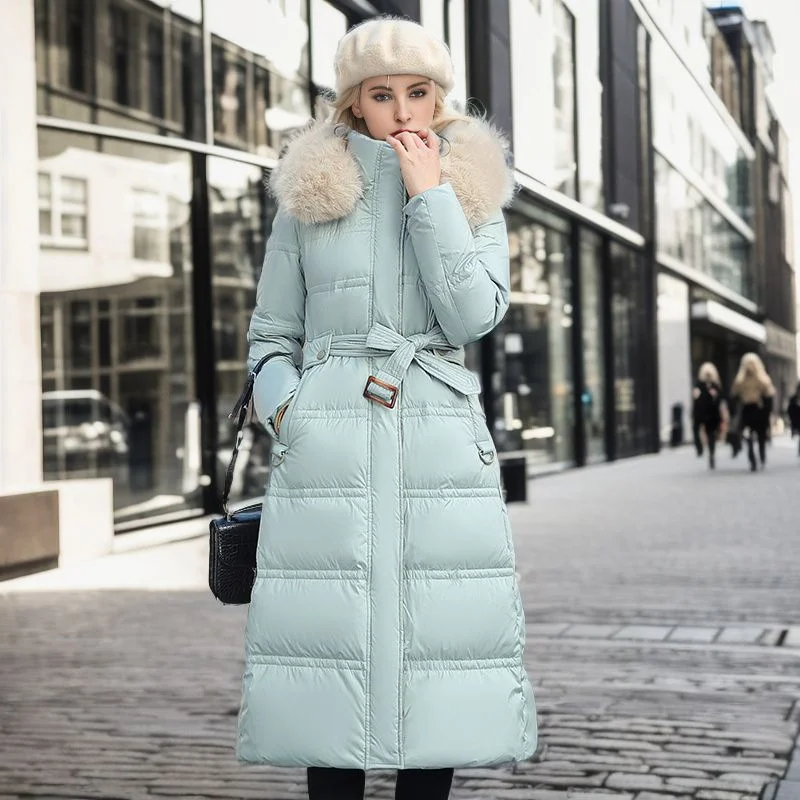 Winter Slim Long Jacket with Fur Hood and Belt Fashion Solid Hooded Coat Warm Clothing for Women