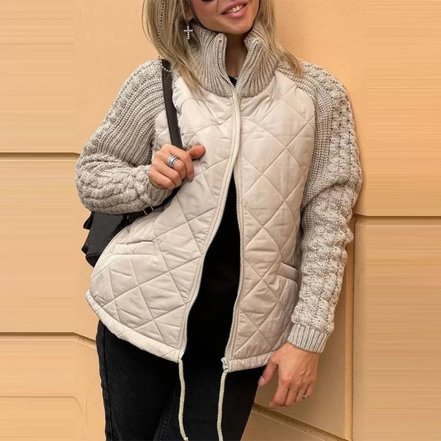 Winter Stand Collar Cotton Jacket with Pockets Fashion Knitted Stitching Zipper Coat Warm Tops for Women Clothing