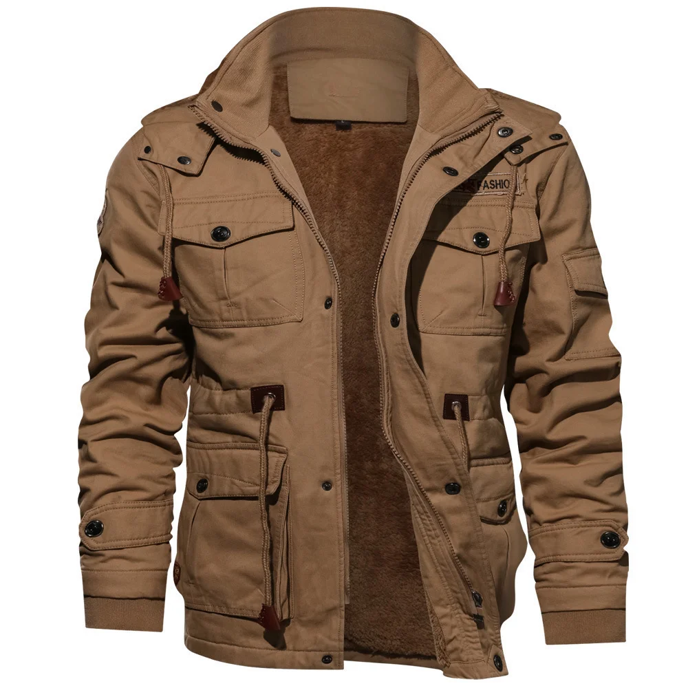 Men's Khaki Winter Zip-up Coat with Detachable Hood and Cargo Pockets