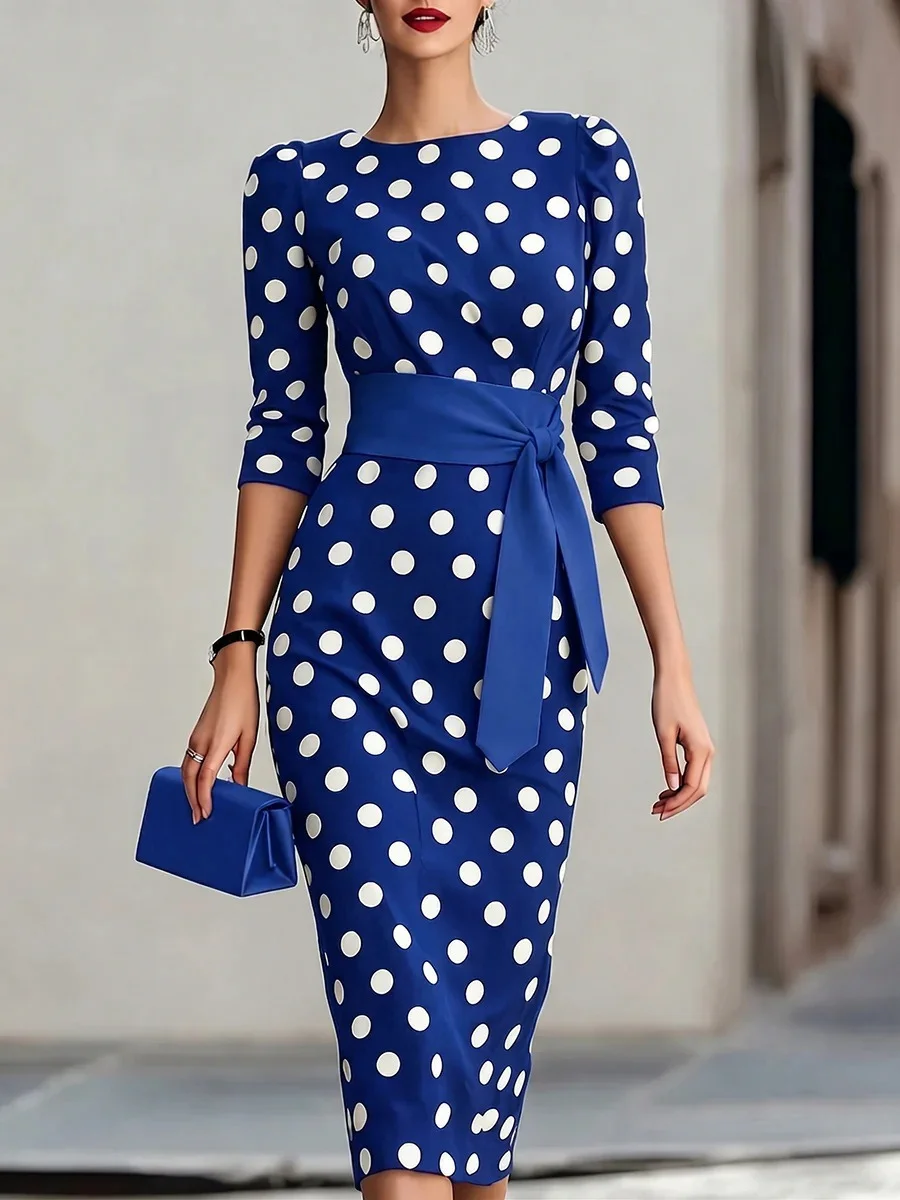 Women Elegant Black White Polka Dot Midi Dress with Waist Belt Three-quarter Sleeve O Neck Pencil Bodycon Formal Work Office Party Dress