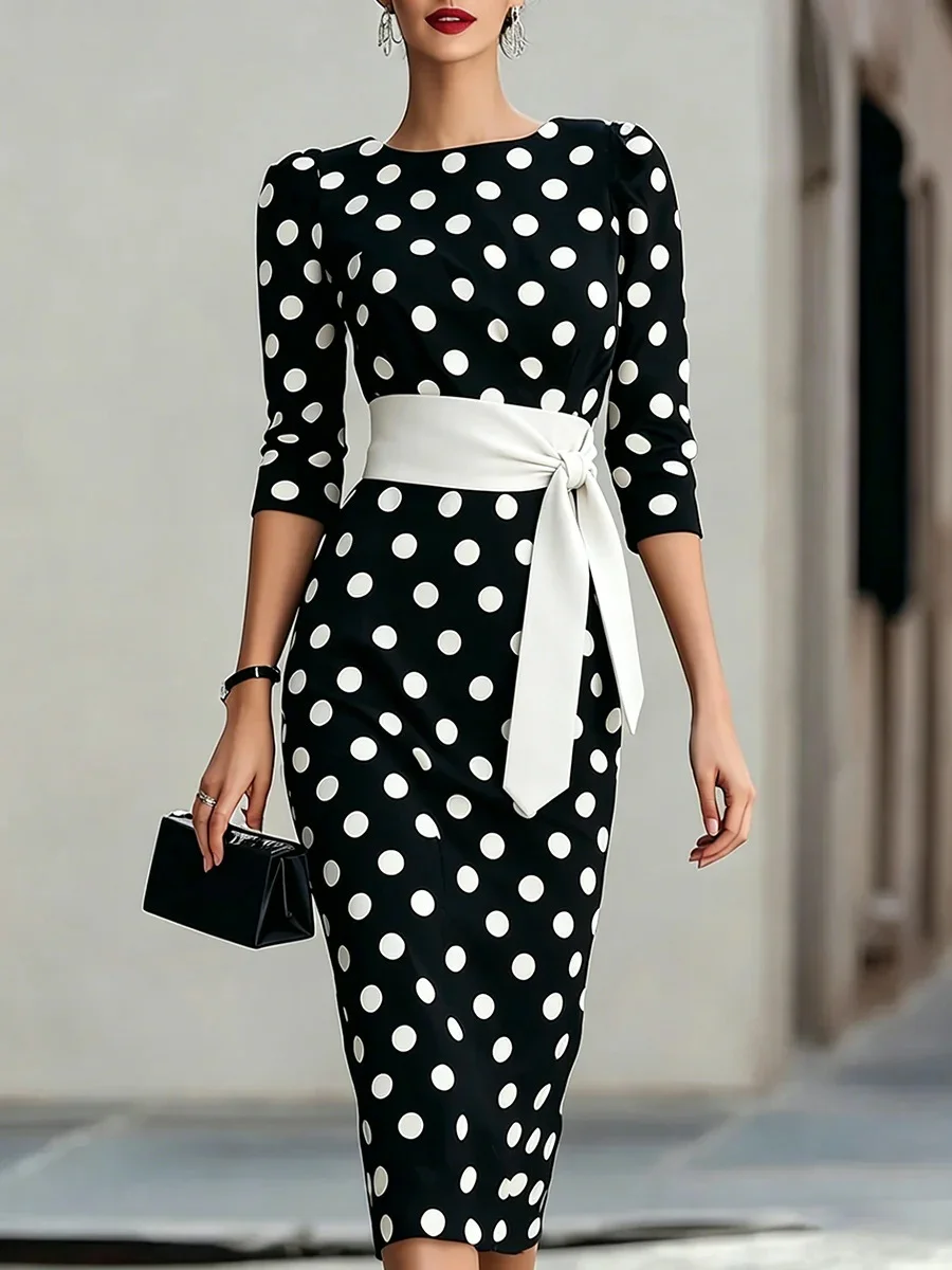 Women Elegant Black White Polka Dot Midi Dress with Waist Belt Three-quarter Sleeve O Neck Pencil Bodycon Formal Work Office Party Dress