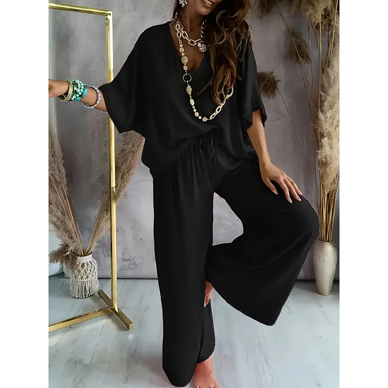 Women's 2 Piece Outfit, Casual Solid Color V-neck Half Sleeve Top and Wide Leg Pants Lounge Set