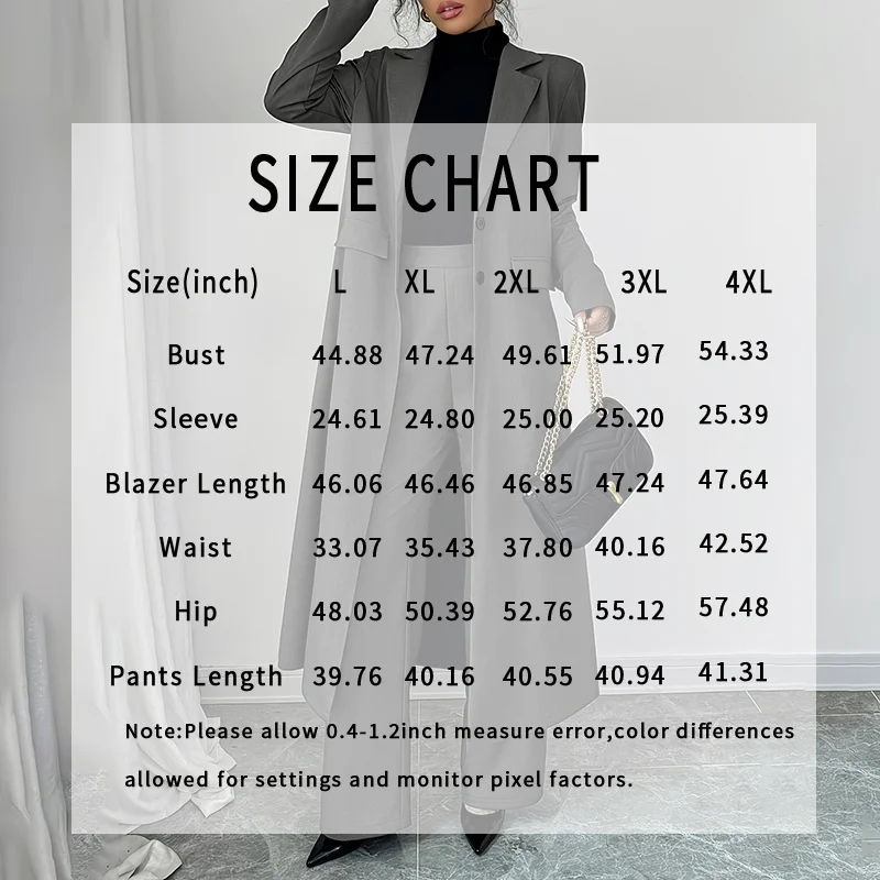 Women's 2 Piece Suit Set, Long Blazer Jacket and Straight Leg Pants, Business Formal Office Outfits for Work, No Lining