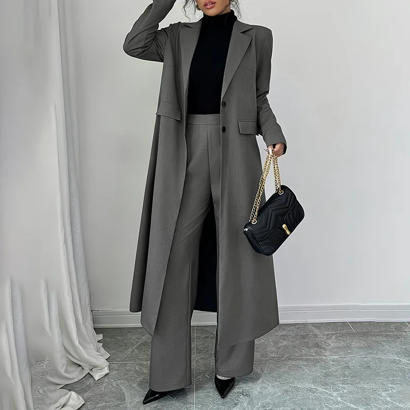 Women's 2 Piece Suit Set, Long Blazer Jacket and Straight Leg Pants, Business Formal Office Outfits for Work, No Lining