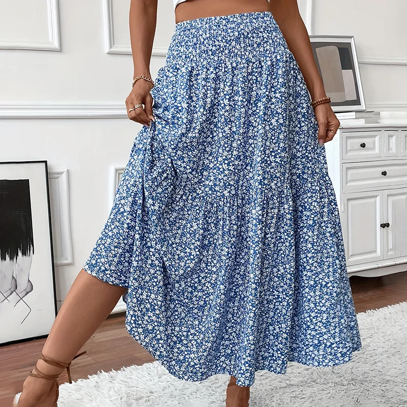 Women's Boho Floral Maxi Skirt - High Elastic Waist, Pleated A-line Long Skirt