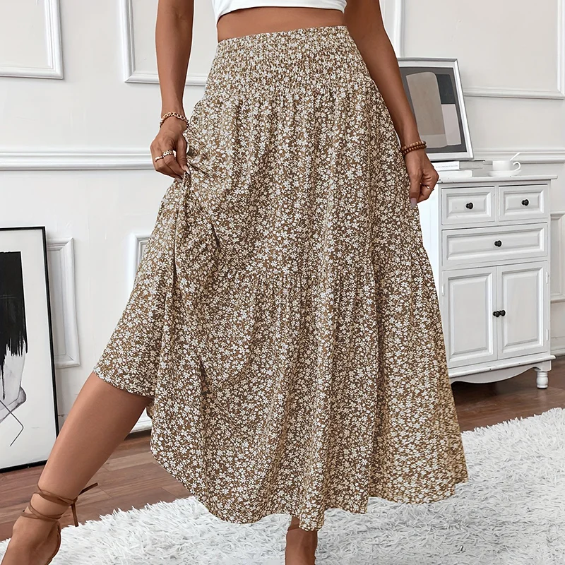 Women's Boho Floral Maxi Skirt - High Elastic Waist, Pleated A-line Long Skirt