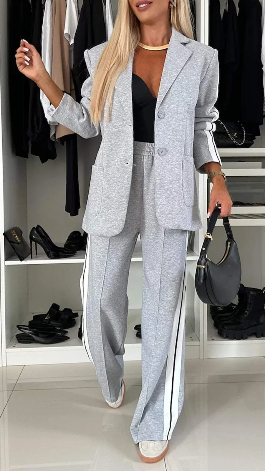 Women's Casual Suit Lapel Single-breasted Jacket and Striped Straight Pants Fashion Sports Trousers Suit Outerwears Clothing