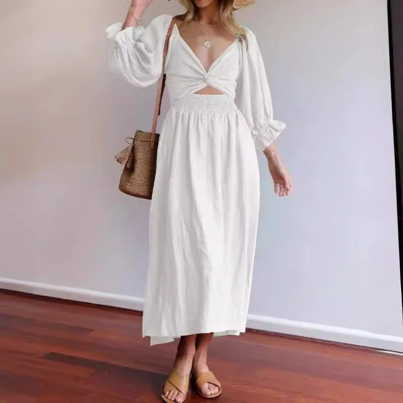Women's Clothing V-neck Half Sleeves Front and Back Wearable Type Dress