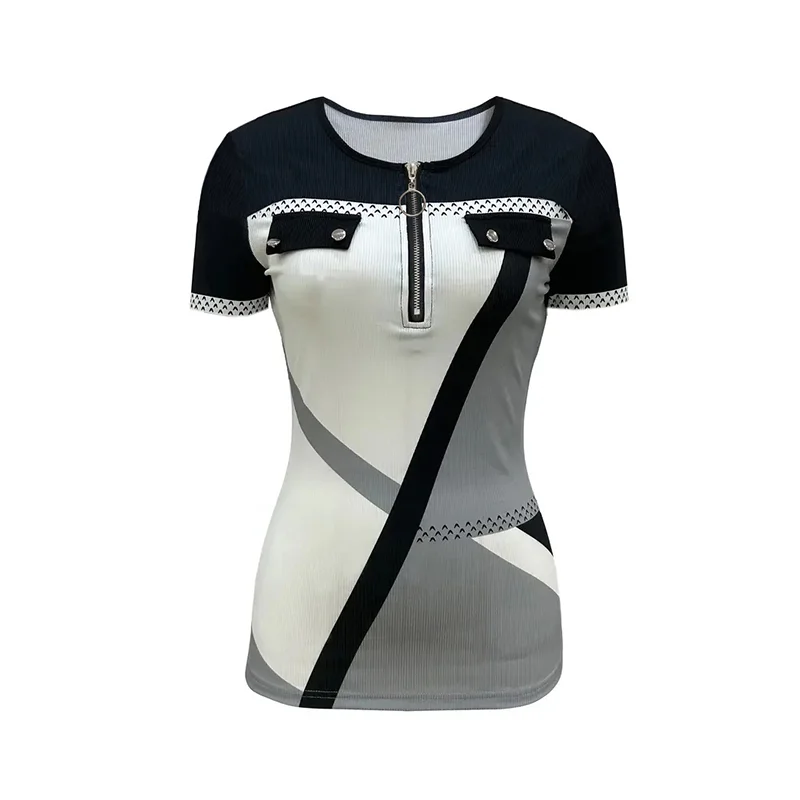 Women's Color Block Zipper T-shirt, Casual Short Sleeve Summer Top