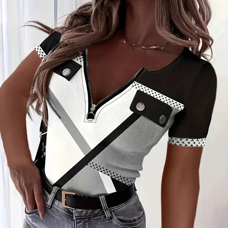 Women's Color Block Zipper T-shirt, Casual Short Sleeve Summer Top