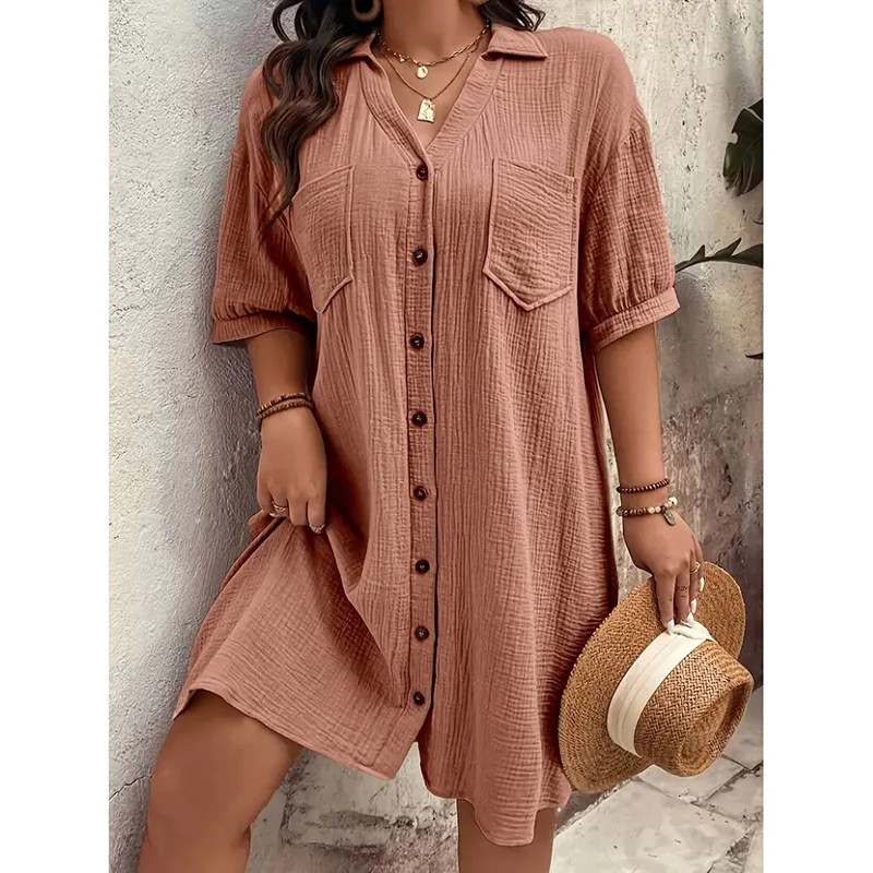 Womens Cotton Shirt Dress Summer Casual Short Sleeve Button Down V Neck Loose Mini Dress with Pockets