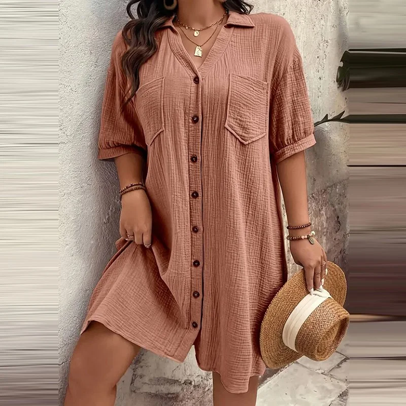 Womens Cotton Shirt Dress Summer Casual Short Sleeve Button Down V Neck Loose Mini Dress with Pockets