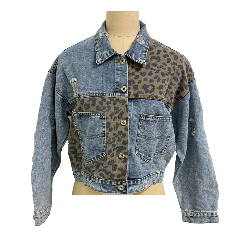 Women's Cropped Distressed Denim Jacket Ripped Button Down Jean Jacket Long Sleeve Casual Streetwear Coat