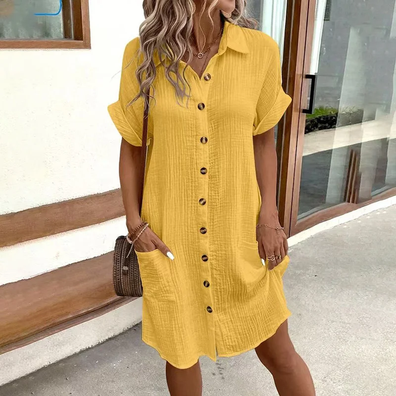 Women's Dress Summer Casual Collar Button Down Short Sleeve Tunic Shirt Dress with Pockets