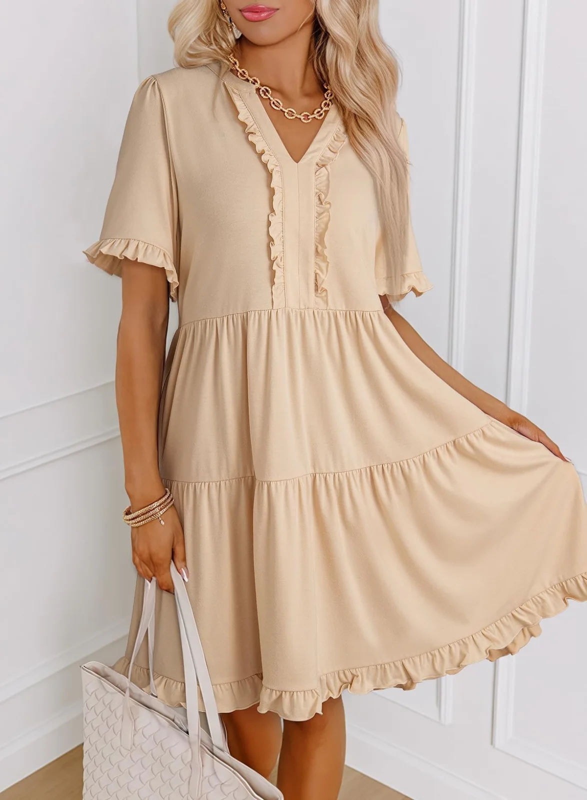 Womens Dresses Summer Spring V Neck Short Sleeve Casual a Line Flowy Swing Dress Mini Dress