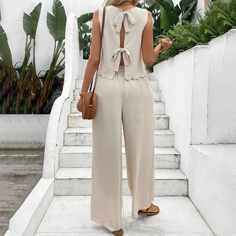 Women's Elegant 2-piece Matching Set, Sleeveless Crop Top and Wide Leg Pants Outfits