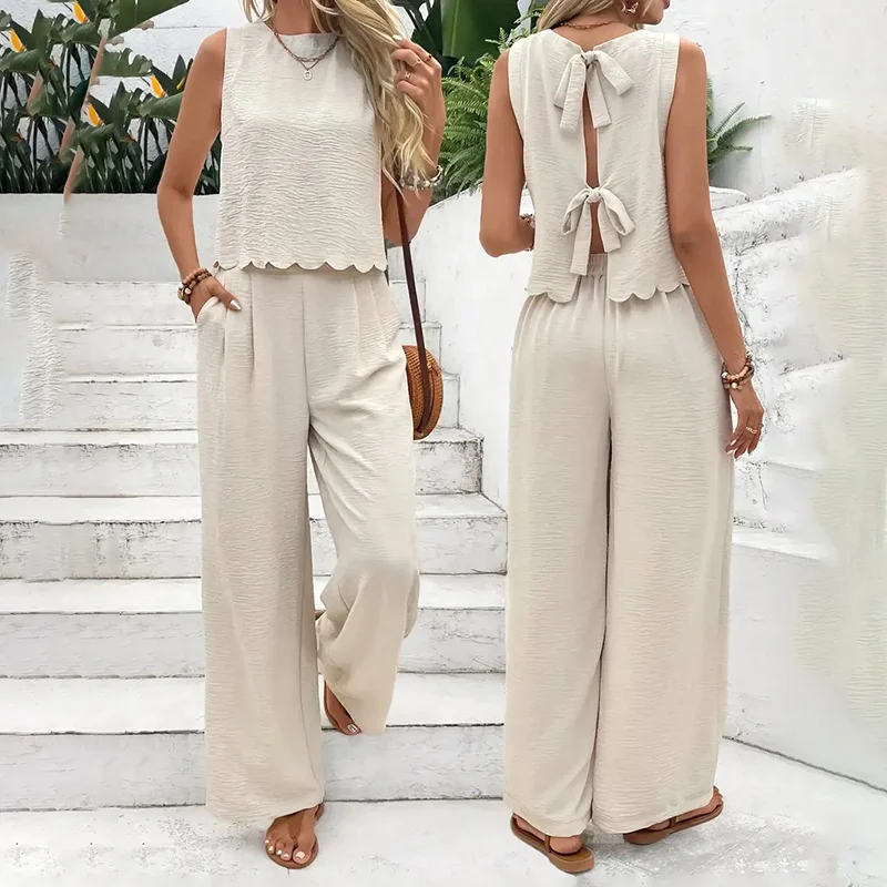 Women's Elegant 2-piece Matching Set, Sleeveless Crop Top and Wide Leg Pants Outfits