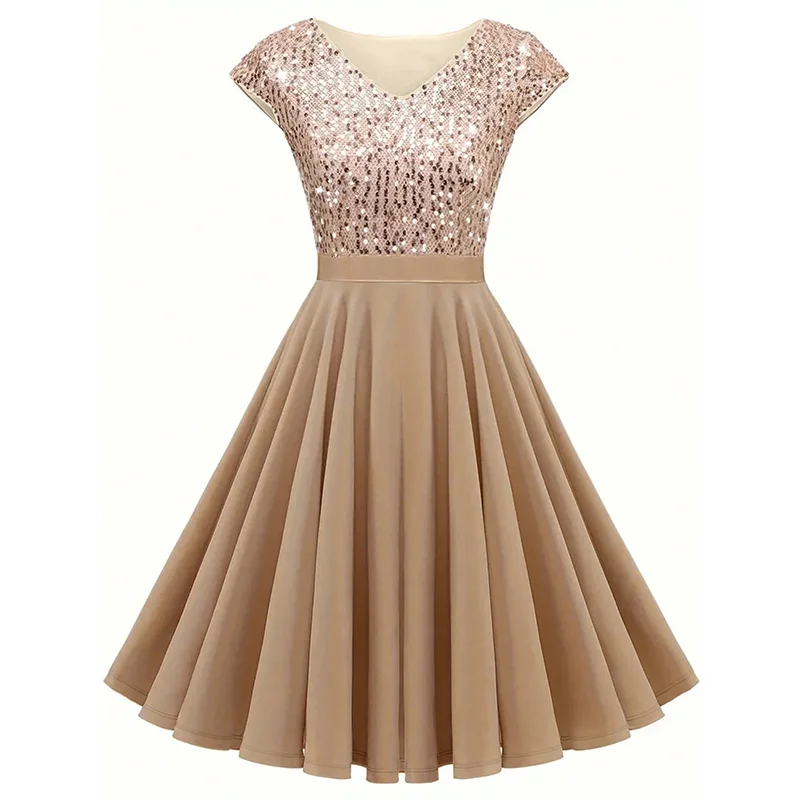 Women's Elegant Sequin V Neck Cap Sleeves Pleated Evening Cocktail Dress